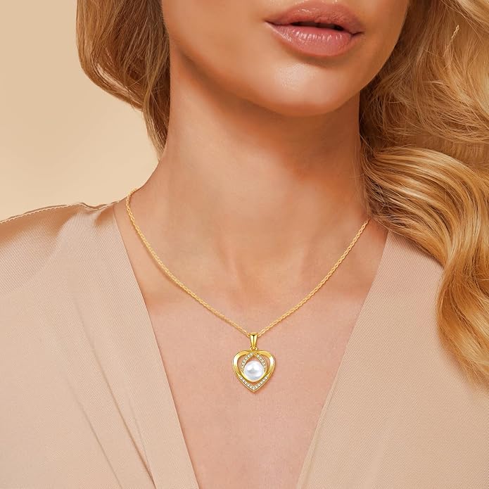 Pearl Necklace and Earring Set for Women, Gold Plated/925 Sterling Silver Heart Jewelry Set-Black Pearl Cubic Zirconia Gifts for Women Wife Mom-Wedding Anniversary Mothers Day Gifts