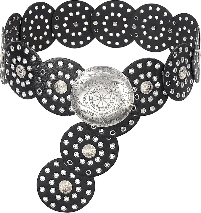 Wide Disc Belt for Women Vintage Hollow Boho Leather Belt Western Chunky Waist Belt Cowboy Metal Buckle Concho Belts