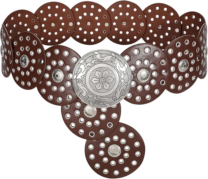 LEACOOLKEY Women's Boho Disc Belt Wide Western Leather Belt Vintage Concho Waist Belts for Dress Jeans