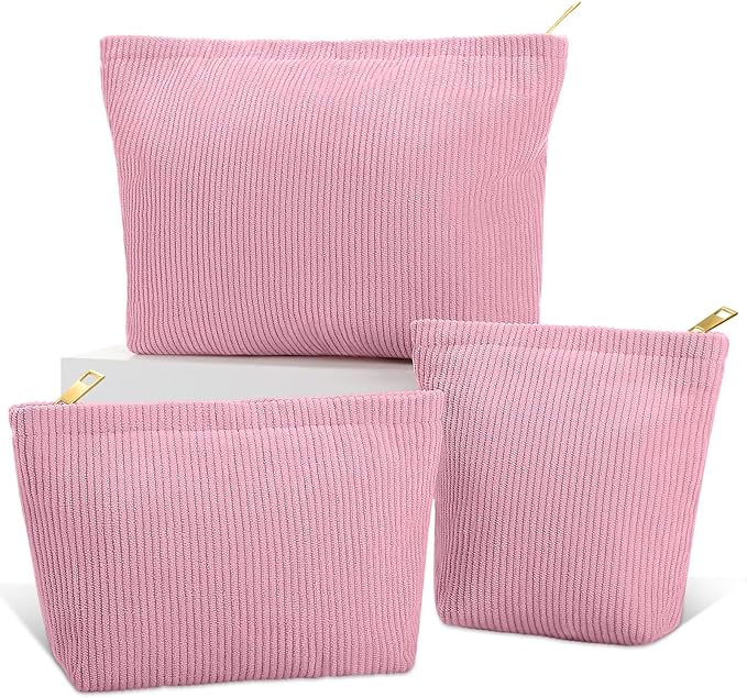 Sanwuta 3 Pack Corduroy Makeup Bag Set Cosmetic Toiletry Travel Pouch Organizer Velvet Makeup Bag for Women Large Pouch Zipper Purse Make up Organizer, Women Girls Gift(Peach Pink)