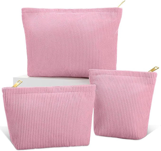 Sanwuta 3 Pack Corduroy Makeup Bag Set Cosmetic Toiletry Travel Pouch Organizer Velvet Makeup Bag for Women Large Pouch Zipper Purse Make up Organizer, Women Girls Gift(Peach Pink)