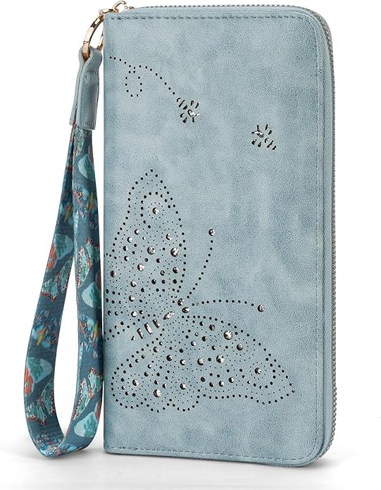 RFID Wallet Women, Large Capacity Butterfly Cell Phone Clutch Purses Ladies Wristlet Wallets for Women