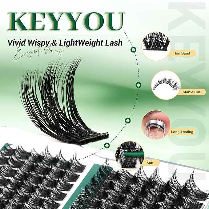 Lash Clusters 96pcs Individual Lashes Y02 D Curl 8-12MIX Cluster Lashes KEYYOU Volume Wispy Lash Extension Soft&Comfortable Easy DIY at Home(Y02,D-8-12MIX)