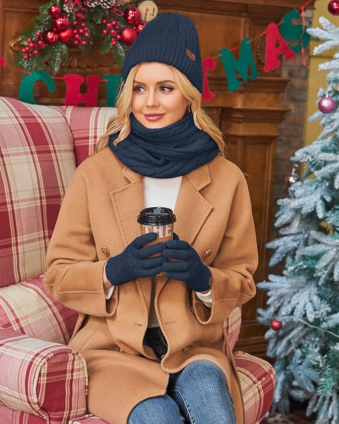 Womens Winter Beanie Hats Long Scarf Touchscreen Gloves Set Warm Knit Skull Caps Gifts for Women