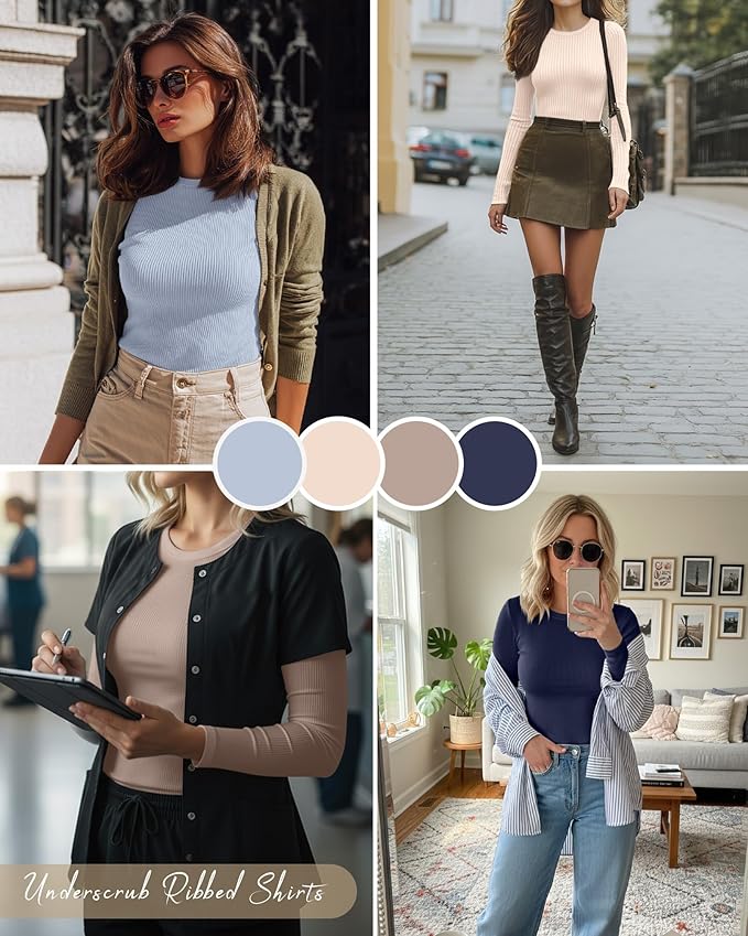 Neer 4 Pack Women's Ribbed Long Sleeve Shirts, Cotton Crew Neck Slim Fit Tops Stretch Knit Casual Base Layer Basic Tee Shirts