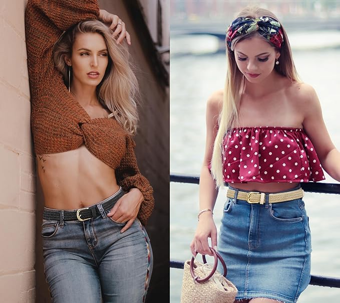 2 Pack Braided Belt for Women, Elastic Woven Stretch Fabric Cloth Belt with Gold Buckle