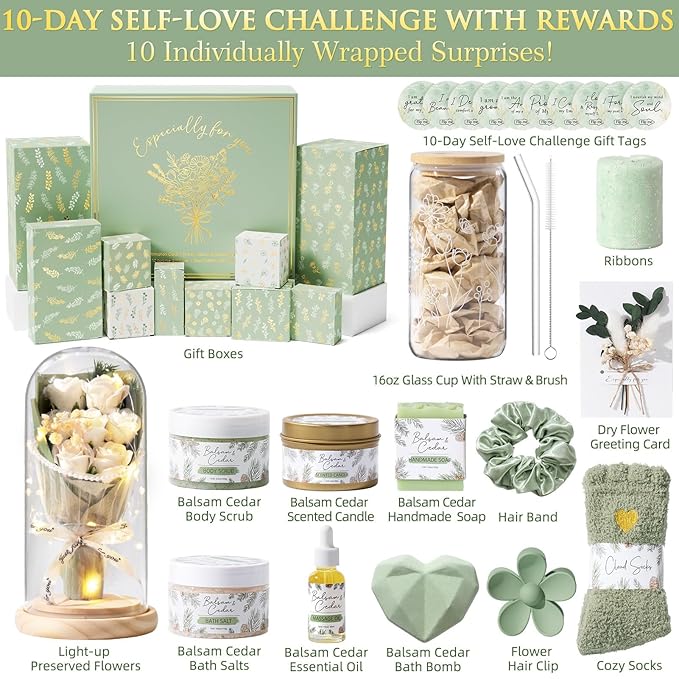 Valentines Gifts for Women & Teenage Girls, 10 Day Self Love Challenge to Unlock 10 Wrapped Spa Gift Baskets, Tween Teen Girl Trendy Stuff Bath Shower Sets Self Care Birthday Gifts Stocking Stuffers