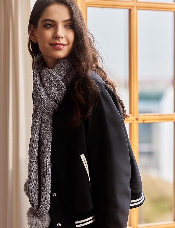 Womens Chenille Scarf with Pompom Winter Knit Warm Scarves for Cold Weather with Gift Box