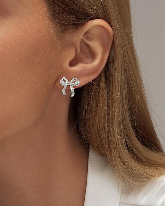 ASCOMY Gold Stud Earrings for Women - Dainty Bow 14K Gold/Silver Plated Pearl Earrings - Trendy Cute Ribbon Minimalist Jewelry Gifts for Her
