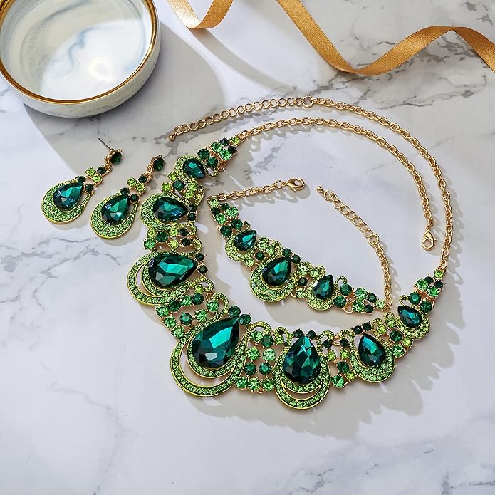 BriLove Women's Teardrop Crystal Statement Necklace Cluster Hollow Dangle Earrings Chain Bracelet Bib Jewellery Set for Wedding Bride Bridesmaid