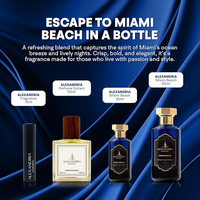 Alexandria Fragrances Miami Beach Perfume - Long Lasting Eau de Parfum for Men & Women - Everyday Men’s Cologne with Citrus, Ginger, Vetiver & Cedar Notes - Inspired by Beach & Summer Vibes - 60ml