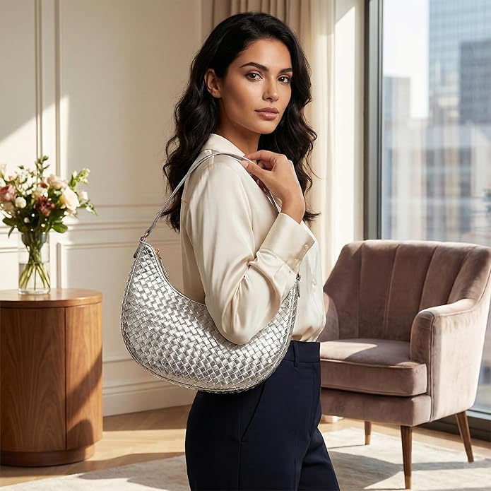 Handmade Woven Genuine Leather Bag, Premium Quality, Crossbody Purse & Hobo Handbag, Diagonal Pattern, 11.81x3.94x9.06 Inches