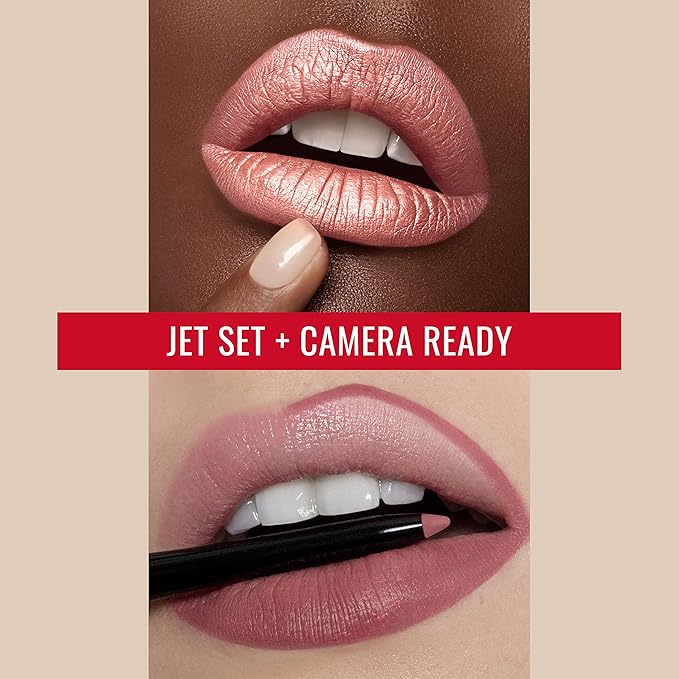 Runway Rogue ‘Jet Set’ Blush-Pink Silk Glam Long Wear Liquid Lipstick Bundle with ‘Camera Ready’ Matte Rose-Pink Designer Liner Lip Liner