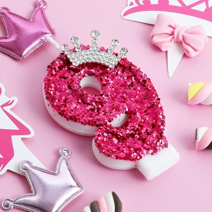 Hot Pink Birthday Candles Crown Number 9 Candle Birthday Party Decorations Cake Topper Cupcake Decor for Anniversary Celebrations Supplies