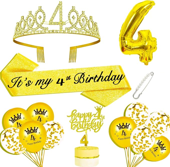 4th Birthday Decorations for Her Girls Set, Include 4th Birthday Crown and 4 Sash, 4th Birthday Cake Topper and 4 Birthday Candles, Gold 4 Balloons, Women 4th Party Supplies(Gold)