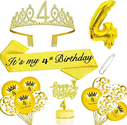 4th Birthday Decorations for Her Girls Set, Include 4th Birthday Crown and 4 Sash, 4th Birthday Cake Topper and 4 Birthday Candles, Gold 4 Balloons, Women 4th Party Supplies(Gold)