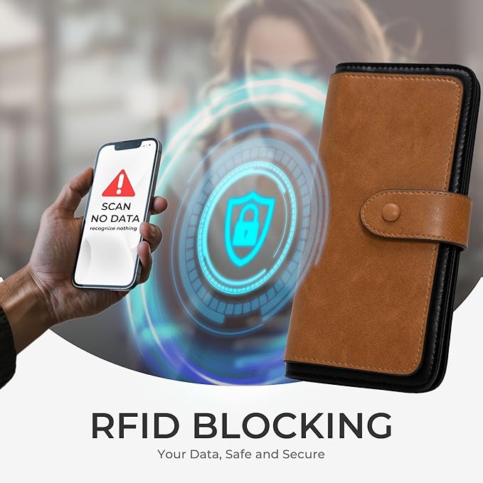 RFID Blocking Leather Wallet for Women, Slim Trifold with 14 Card Slots and Zipper Pocket (Brown&Black)