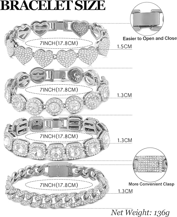 4PCS Gold Bracelets for Women Silver Clustered Tennis Bracelet for Women Heart Round Diamond Cuban Bracelet Layered Link Bracelet Set Fashion Jewelry for Women Set