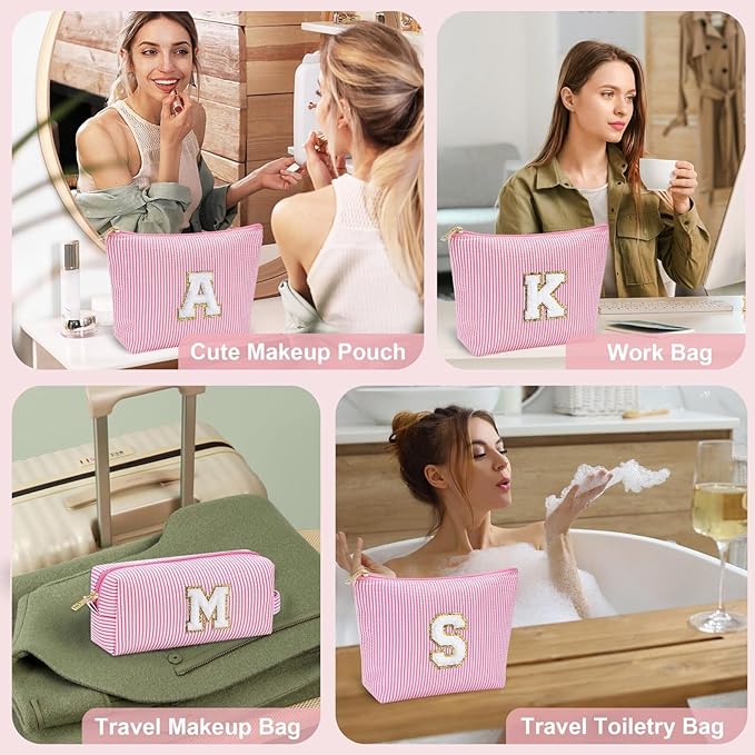 YOOLIFE Personalized Makeup Bag for Women - Monogram Cosmetic Bags Travel Toiletry Bag Brush Holder Birthday Gifts for Women Her Wedding Bridesmaid Friend Sister Teacher Wife Pink G
