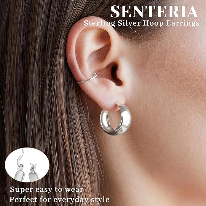 Senteria 12mm Wide Thick Hoop Earrings 925 Sterling Silver Hoop Earrings for Women Hypoallergenic 14K Real Gold Plated Hoops Large Earring Lightweight Chunky Hoops Earring for Women 25/30/40/50MM