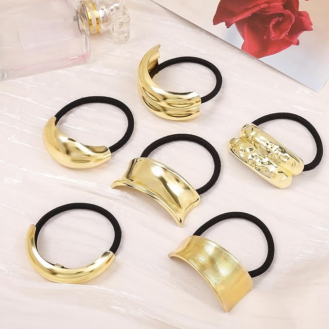 Gold Metal Hair Ties for Women - Cuffs, Accessories, Elastic Bands for Thick and Thin Hair Ponytails