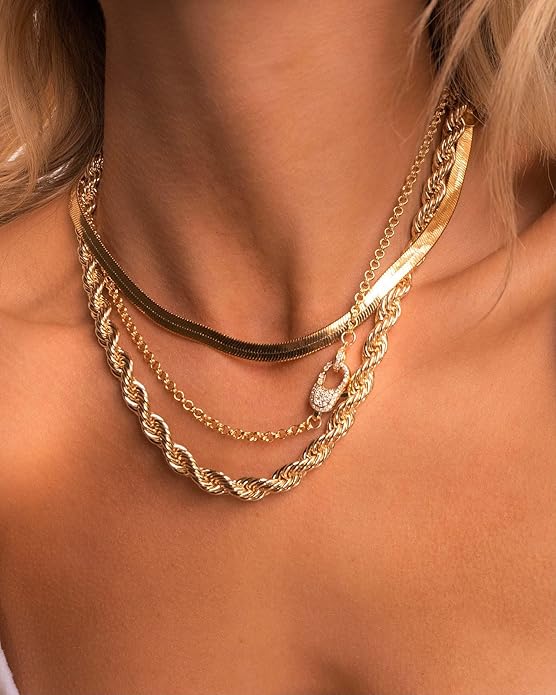 NECOCY 14K Gold Plated Necklaces for Women, Dainty Gold Herringbone Choker Necklace Thin Layered Snake Chain Jewelry for Gifts