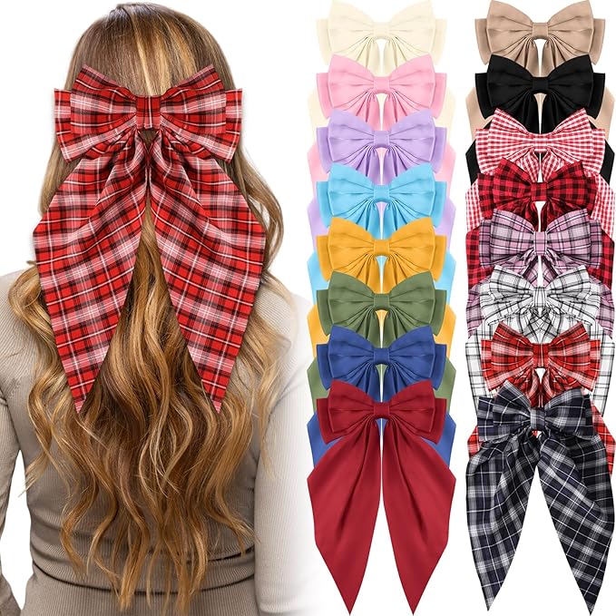 Hoteam 16 Pcs Silky Satin Hair Bows Bulk for Women Large Hair Ribbons Oversized Bows Oversized Long Tail Large Bow-knot Clips Accessories Gifts(Plaid)