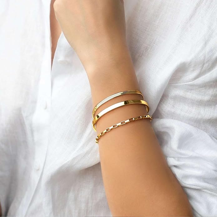 Dainty Thin Gold Bracelet for Women Stack, 14K Gold Plated Bracelet Stackable Set with Bangle Cuff, Box, Herringbone, Paperclip, Figaro, Sparkling Link Chains, Simple Waterproof Non Tarnish Minimalist Gifts for Women Trendy