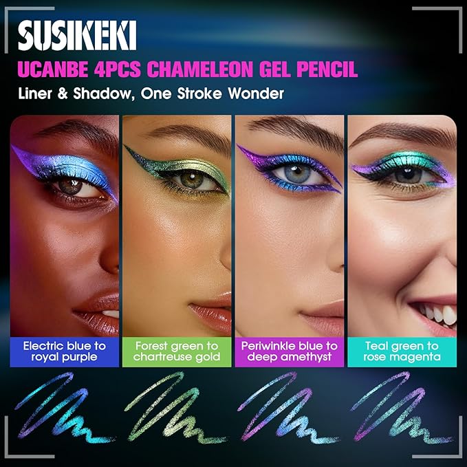 4PCS Chameleon Metallic Eyeshadow & Eyeliner Gel Pencil Set – Multichrome Shifting Colors Glitter Eye Makeup, Waterproof Long-Lasting Smudge-Proof Duochrome Pencil for Multi-Dimensional Looks