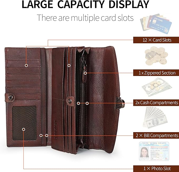 ORIREAL Women's Wallet Genuine Leather Wallet for Ladies Large Capacity Hand-Crafted Wallet Card Holder Purse