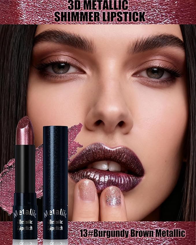 Glitter Metallic Lipstick Shimmer Lip Stick Long Lasting,Wine Red Diamond Cream Shimmer Tinted Lip Gloss High Pigmented,Metallic Matte Lipcolor Stain Women Christmas Non Stick Lips Makeup-13