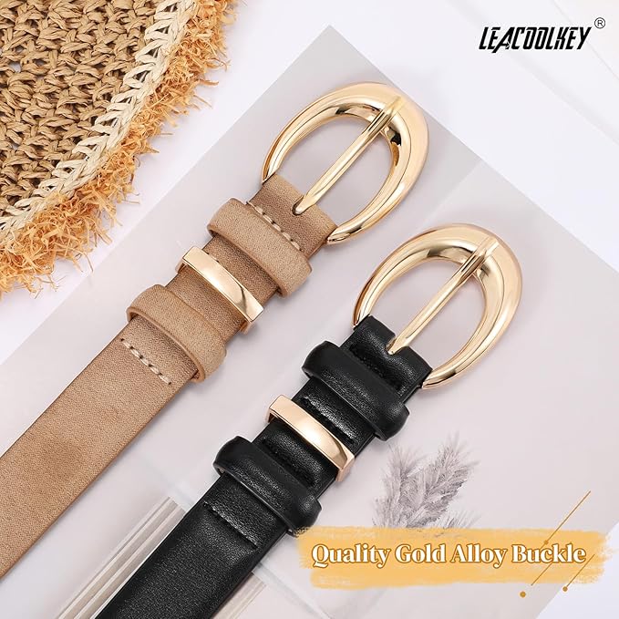 2 Pack Women Leather Belts for Jeans Dress Fashion Ladies Belt with Gold Silver Buckle
