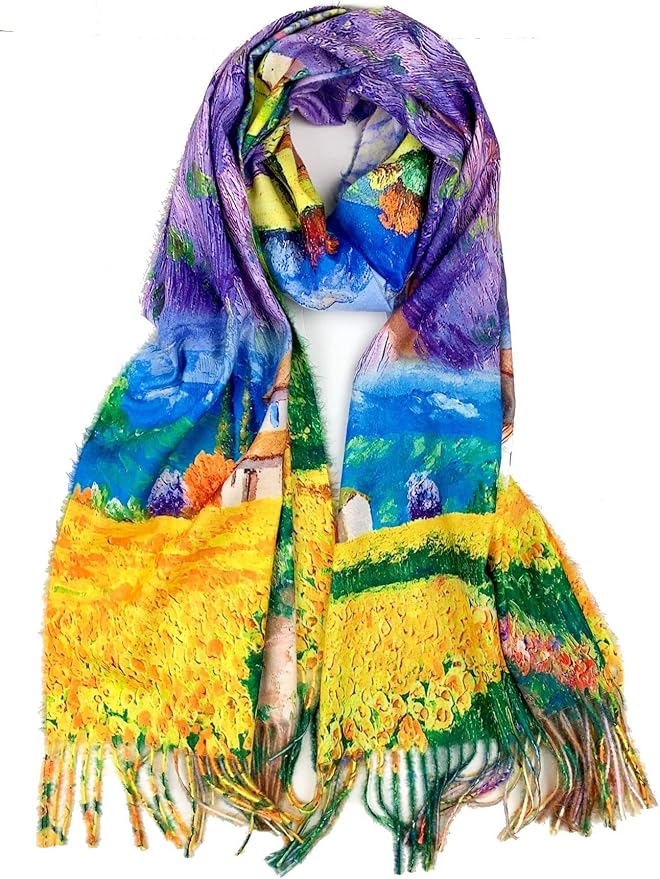 Plum Feathers Super Soft Cashmere Feel Double Sided Reversible Art Shawl Scarf Van Gogh Monet Klimt Inspired