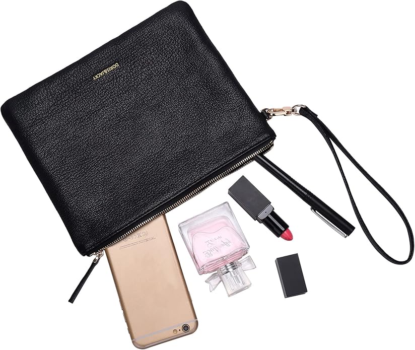 DORIS&JACKY Lambskin Leather Wristlet Clutch Purse for Women Soft Designer Slim Cell Phone Pouch Bag with Detachable Strap