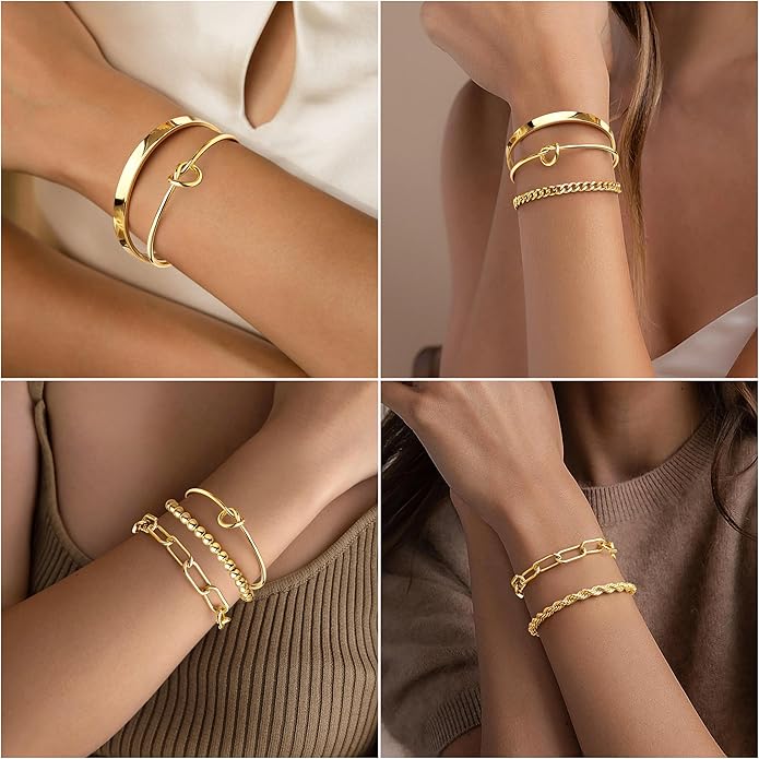 Gold Bracelets Set for Women Non Tarnish, 14K Gold Plated Sterling Silver Chunky Cuff Bracelet Stackable Gold Bangles Bracelet for Women Trendy Fashion Accessories Tie Knot Cuban Rope Paperclip Beaded Bracelet Stack Jewelry Valentines Day Gifts
