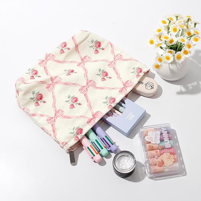 Cosmetic Bags for Women - Corduroy Cosmetic Bag Aesthetic Women Handbags Purses Smile Dots Makeup Organizer Storage Makeup Bag Girls Case Bags (Flowers-Cherry)