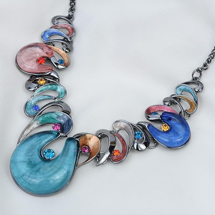 Retro Women's Crystal Floral Petal Leaf Chunky Statement Necklace and Earrings Set Party Jewelry
