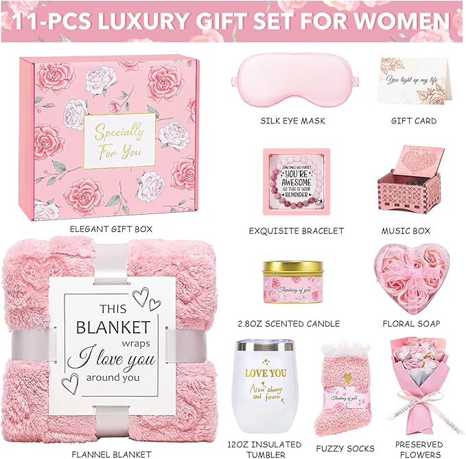 Valentines Day Gifts for Women, Self Care Gifts Spa Basket Set for Women Get Well Soon Gifts with Flannel Blanket, Thinking of You Valentine's Day Gifts for Her Mom Girlfriend Sister Wife