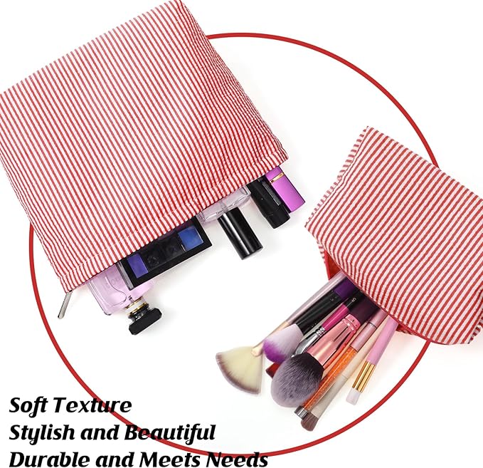 2 Pcs Makeup Bag Set Cute Cosmetic Pouch for Women Seersucker Travel Toiletry Bag Preppy Small Makeup Purse Pouch Aesthetic Skincare Brushes Storage Organizer for Christmas Women (Red)