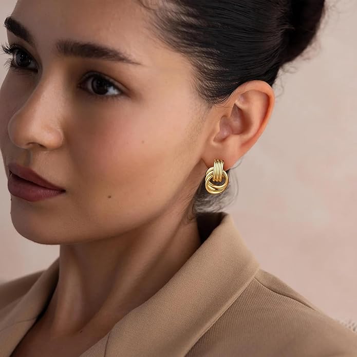 Gold Plated Statement Chunky Dangle Stud Earrings for Women, Gold Plated Hoop Knot Claw Earrings Tarnish Free Jewelry for Women Gifts
