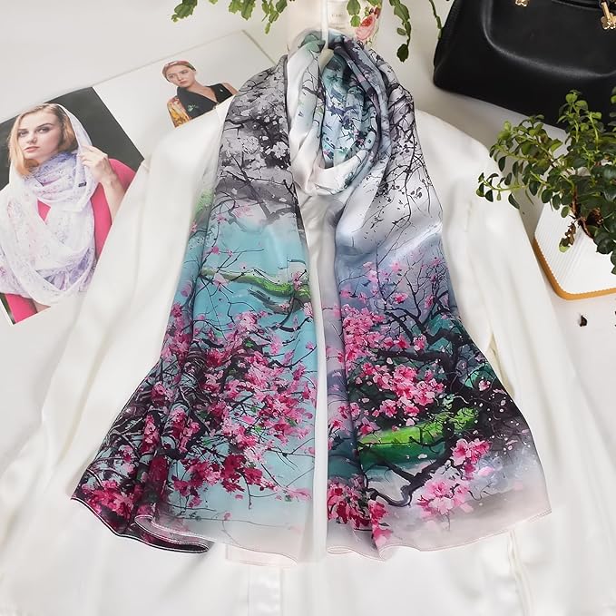 100% Mulberry Silk Scarf for Women Neck Oblong Headscarves Long Floral Print Lightweight Silk Wraps Shawls 67"*20"