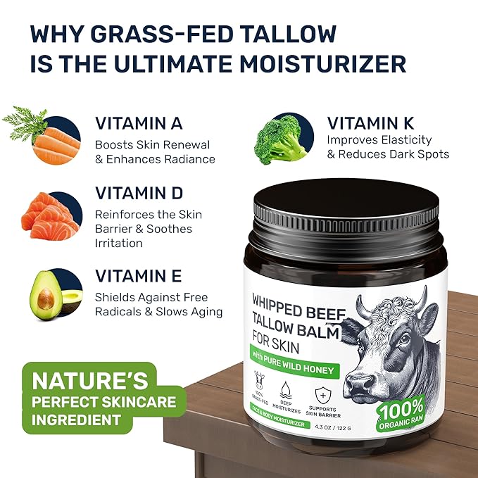 Beef Tallow for Skin – Grass Fed Face Moisturizer & Whipped Body Balm - Honey & Beeswax – Vitamin A, D, E, K Rich Cream – Fragrance Free & Non-Comedogenic Dry Sensetive Skincare - 4.3 oz