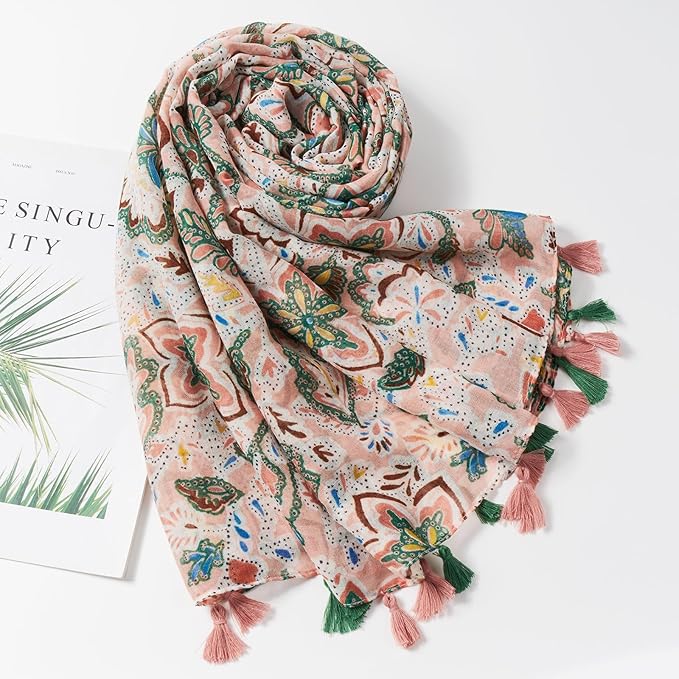 Scarf for Women Lightweight Soft Floral Leopard Printed Scarves Fall Winter Fashion Shawl Wrap with Fringe