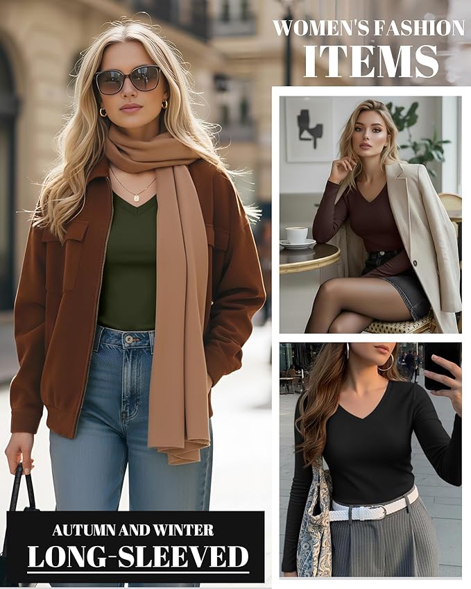 Ficerd 3 Pack Women's Long Sleeve Shirts, V Neck Basic Tees Slim Fitted Casual Fall Tops Going Out Blouses T Shirts