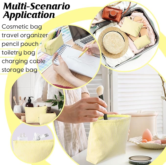 2 Pieces Makeup Bag Set Cute Cosmetic Pouch for Women Seersucker Travel Toiletry Bag Preppy Small Makeup Purse Pouch Aesthetic Skincare Brushes Storage Organizer for Christmas Women(Yellow)