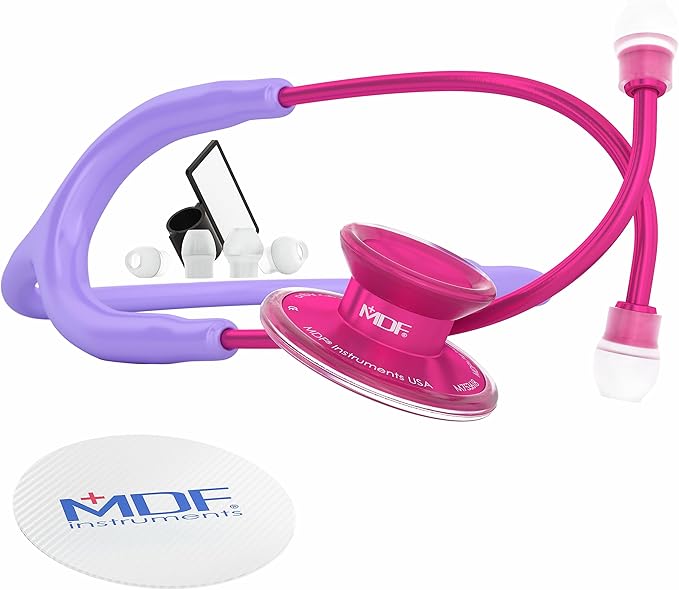 MDF Instruments, Acoustica Lightweight Stethoscope for Doctors, Nurses, Students, Home Health Use, Adult, Dual Head, Pastel Purple Tube, Pink Alloy Chestpiece-Headset, MDF747XPPA07