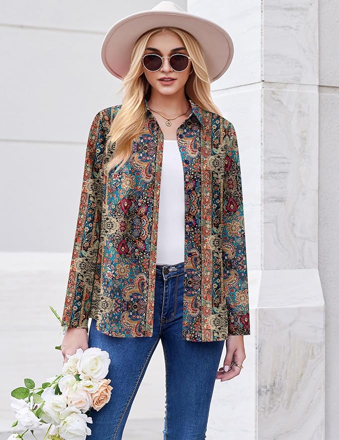 ZEAGOO Button Down Shirt for Women Long Sleeve Blouses Floral Printed Tops Business Casual Work Outfits S-XXL