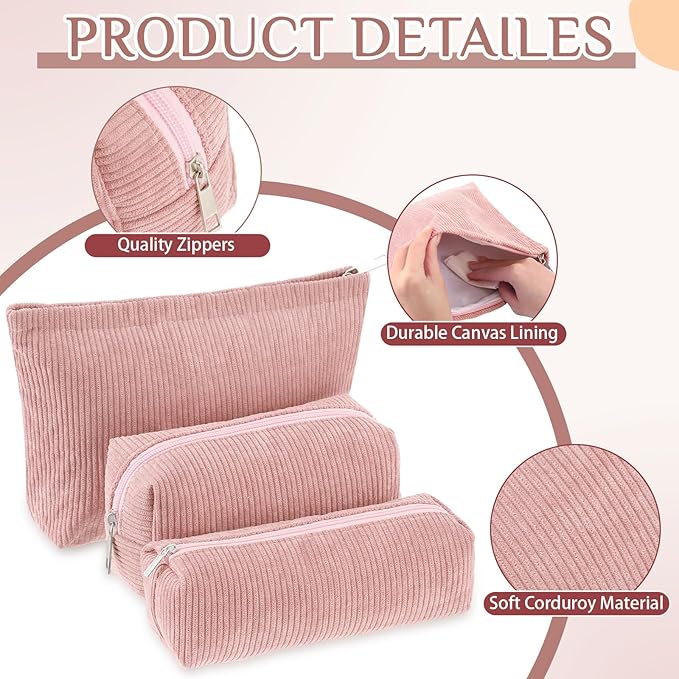 3 Pcs Makeup Bag Set for Women Corduroy Cosmetic Pouch Aesthetic Smile Travel Toiletry Bag Cute Purse Pouch Pencil Case Makeup Brushes Storage Organizer for Christmas(Pink,Solid Style)