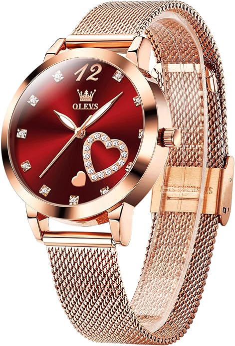 OLEVS Women's Small Wrist Rose Gold Tone Watch - Cute Diamond Heart Arabic Numerals Dial, Fashion Waterproof Mesh Bracelet Analog Dress for Ladies