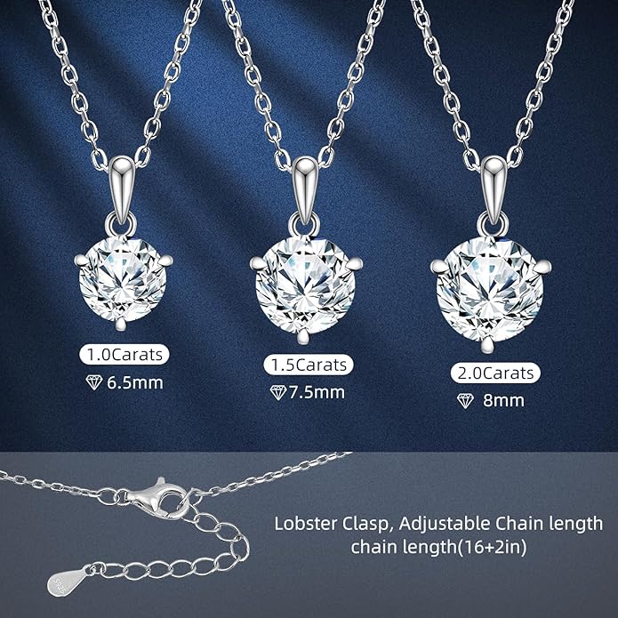 Moissanite Necklace for Women 1.0-2.0ct D Color，sterling silver diamond pendant necklace，Anniversary Gifts for Women, Making It A Perfect Gift for Your Wife, Girlfriend Mom